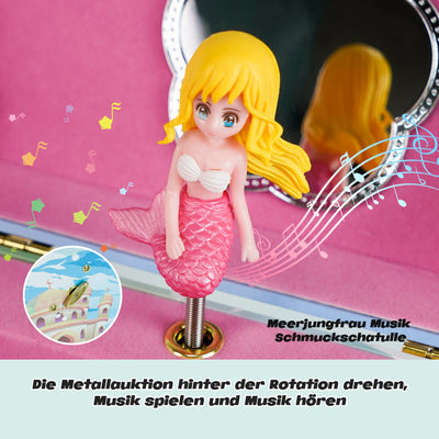 AdelDream Musik-Aufbewahrungsbox, drehbare Meerjungfrau,(5-teiliges Schmuckset) Muschel-Halskette, Armband, Ring und Ohrringe, Musik-Schmuckkästchen, Kindergeschenk