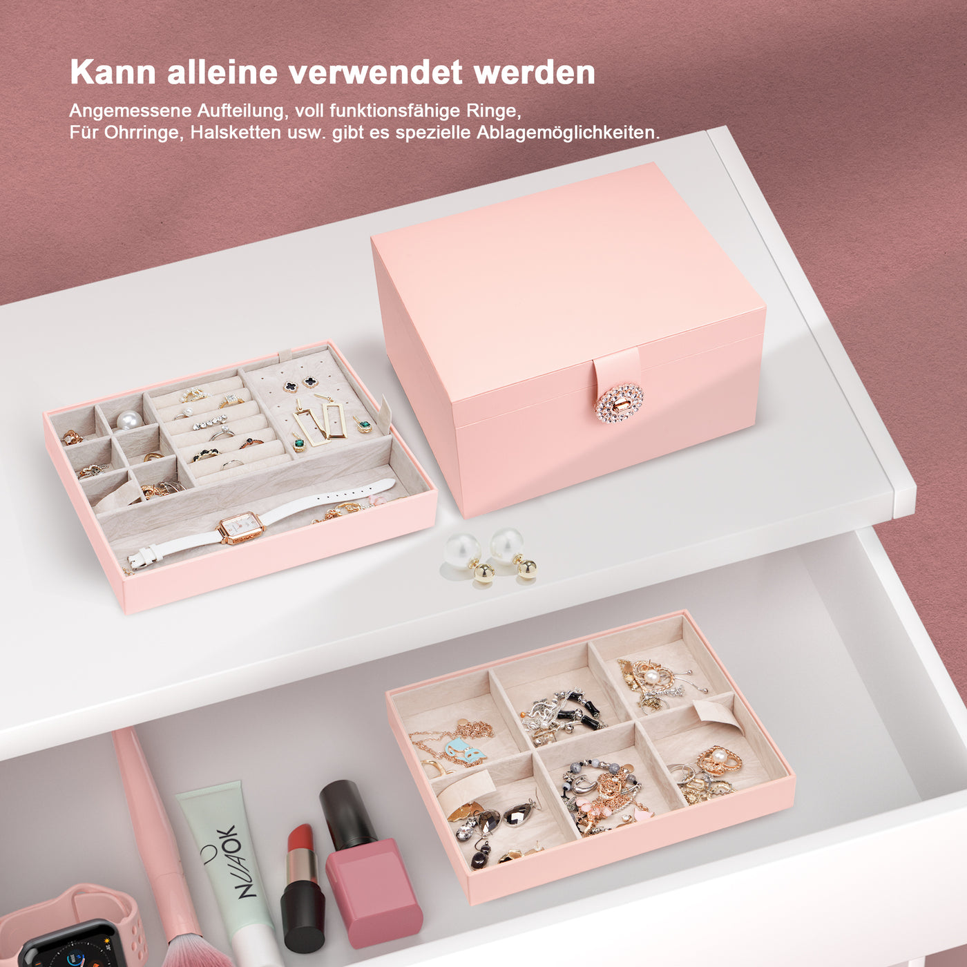 AdelDream Schmuckkästchen, Schmuckkasten mit 3 Ebenen, Schmuckbox mit Knöpfen, Schmuckaufbewahrung, viel Stauraum, modern, Geschenkbox-Verpackung für Ihre Liebsten