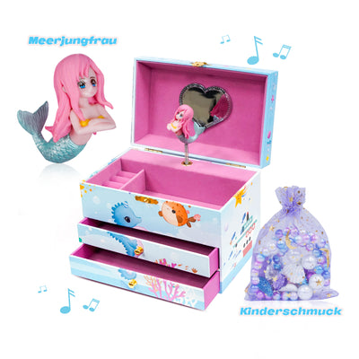 AdelDream Musik-Aufbewahrungsbox, drehbare Meerjungfrau, Muschel-Halskette, Armband, Ring und Ohrringe, Musik-Schmuckkästchen, Kindergeschenk
