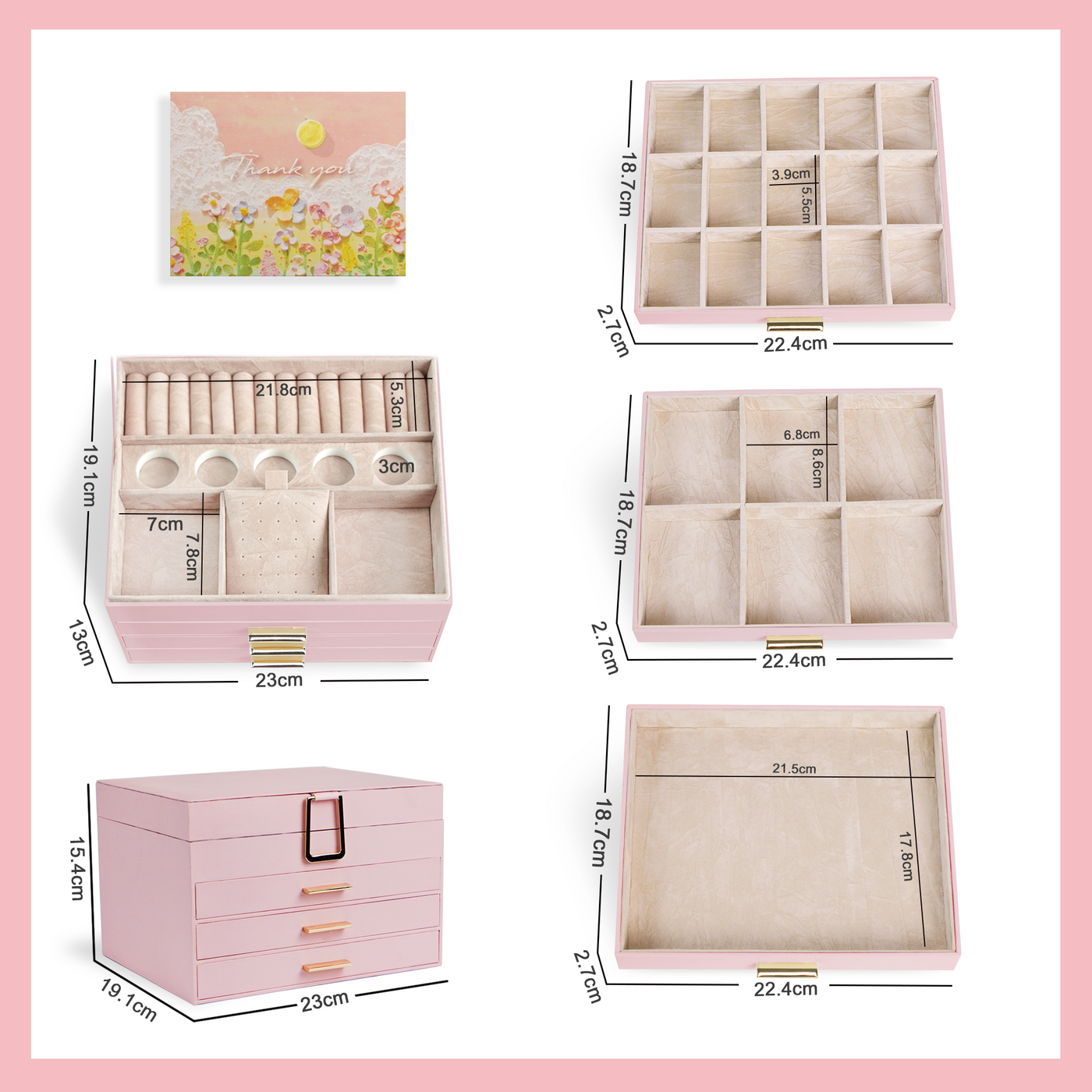 AdelDream Schmuckkästchen, Schmuckkasten mit 4 Ebenen Rosa