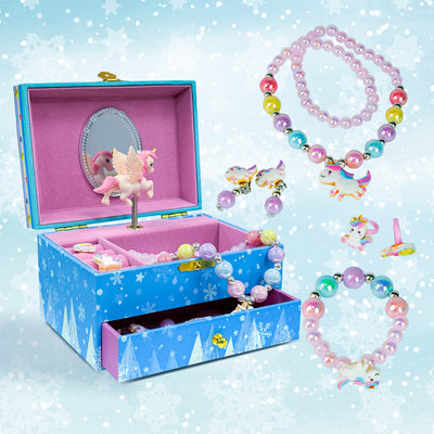 AdelDream Musik-Aufbewahrungsbox mit Einhorn  Engelsflügeln, Halskette, Armband, Ring und Ohrringen, Musik-Schmuckkästchen, Geschenk für Kinder