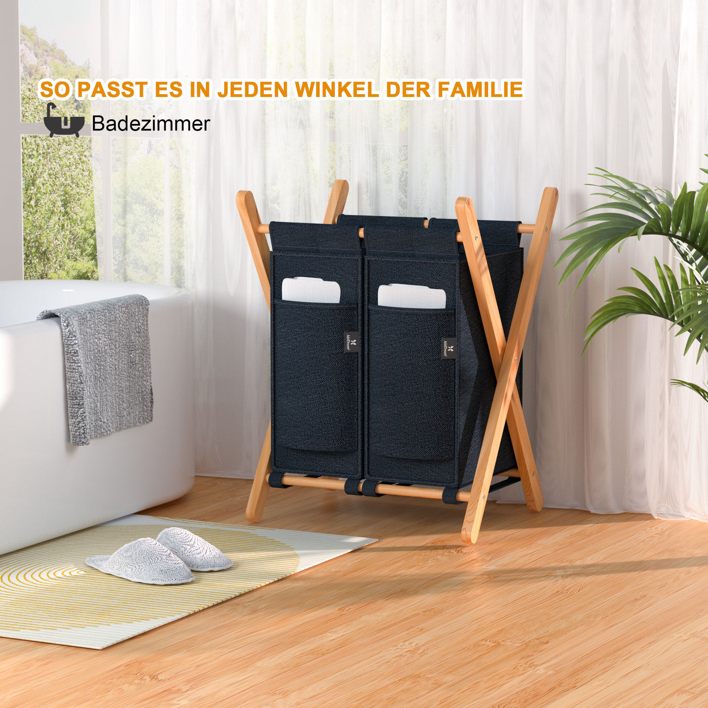 AdelDream Wäschekorb 2 Fächer,100 L Bambus laundry baskets X-förmige Bambusregale