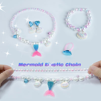 AdelDream Musik-Aufbewahrungsbox, drehbare Meerjungfrau,(5-teiliges Schmuckset) Muschel-Halskette, Armband, Ring und Ohrringe, Musik-Schmuckkästchen, Kindergeschenk