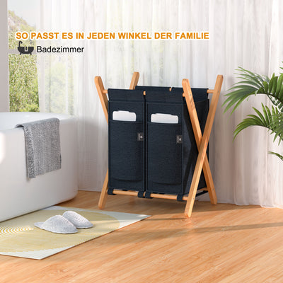 AdelDream Wäschekorb 2 Fächer,100 L Bambus laundry baskets X-förmige Bambusregale