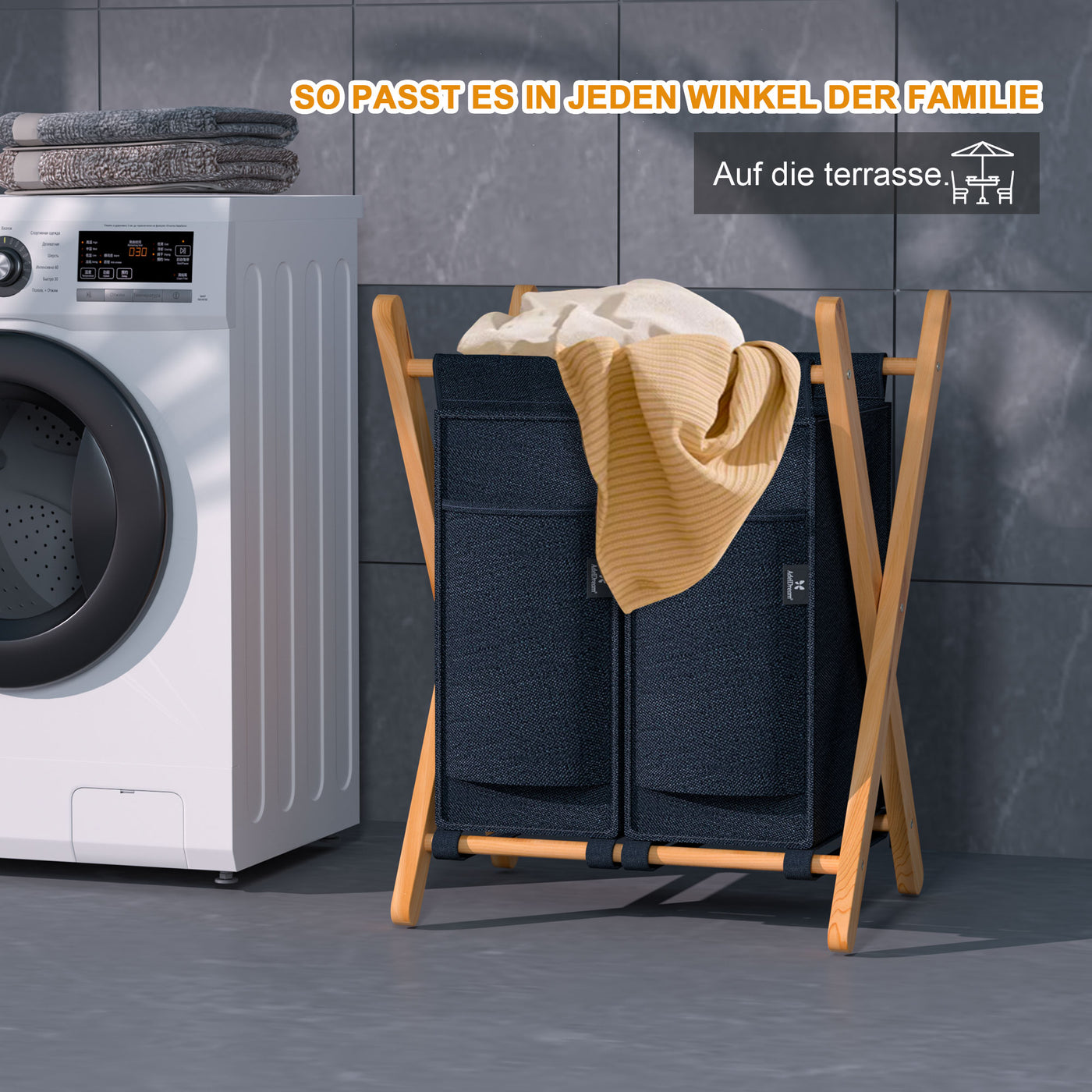 AdelDream Wäschekorb 2 Fächer,100 L Bambus laundry baskets X-förmige Bambusregale