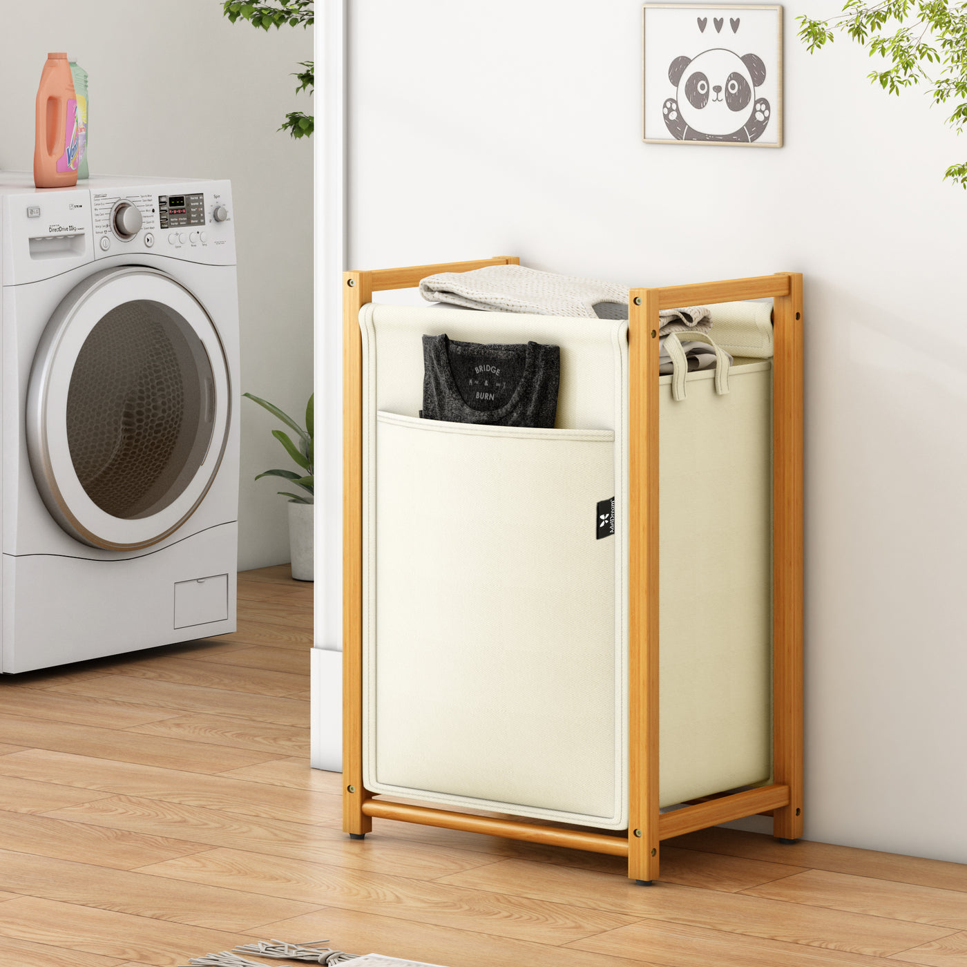 AdelDream Wäschekorb Bambus wäschesortierer Wäschewagen mit abnehmbaren Taschen Kleidersammler 80L Beige