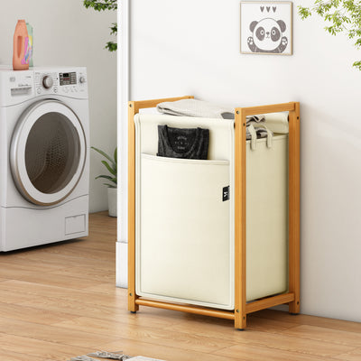 AdelDream Wäschekorb Bambus wäschesortierer Wäschewagen mit abnehmbaren Taschen Kleidersammler 80L Beige