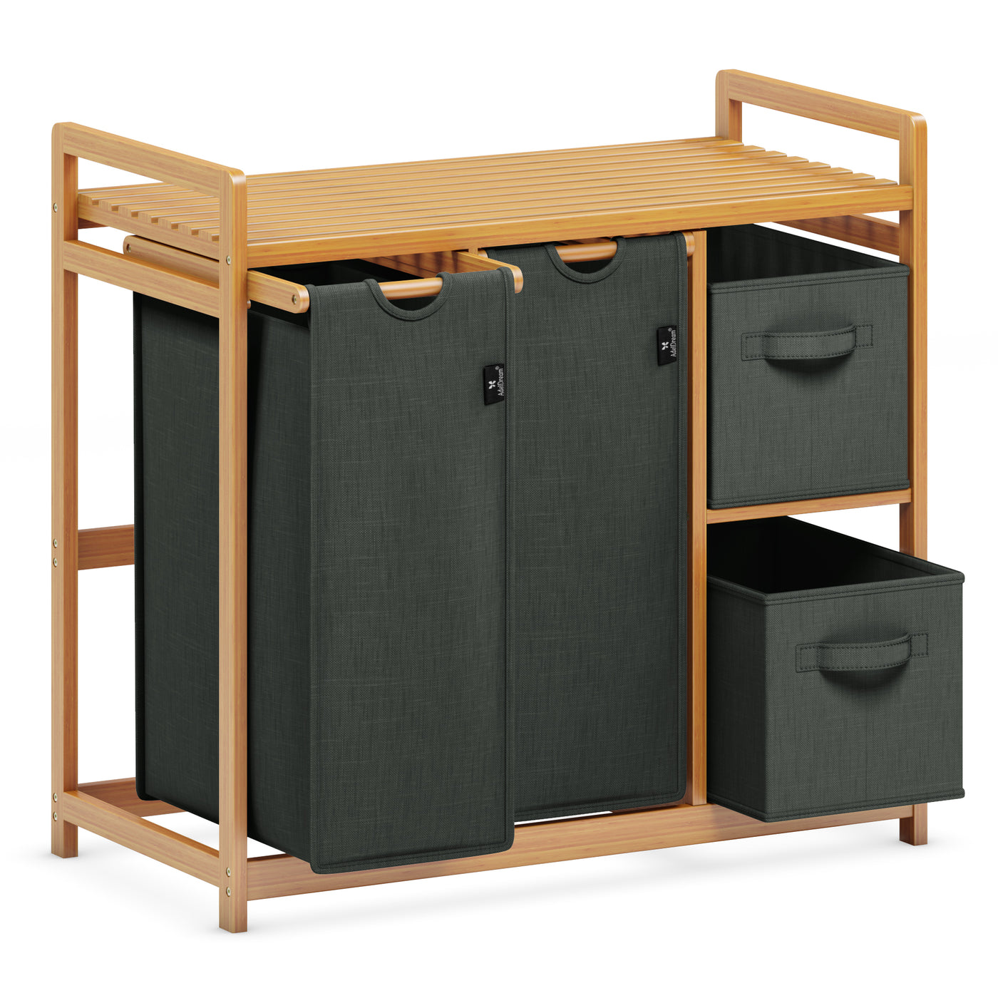 AdelDream Wäschekorb 4 Fächer Wäschesammler 140L Wäscheboxen Mit Korb Wäschesortierer mit 2 Wäschesäcken & 2 Stoffboxen mit Ablage Wäschesack Bambus Wäscheregal Wäschebox Laundry