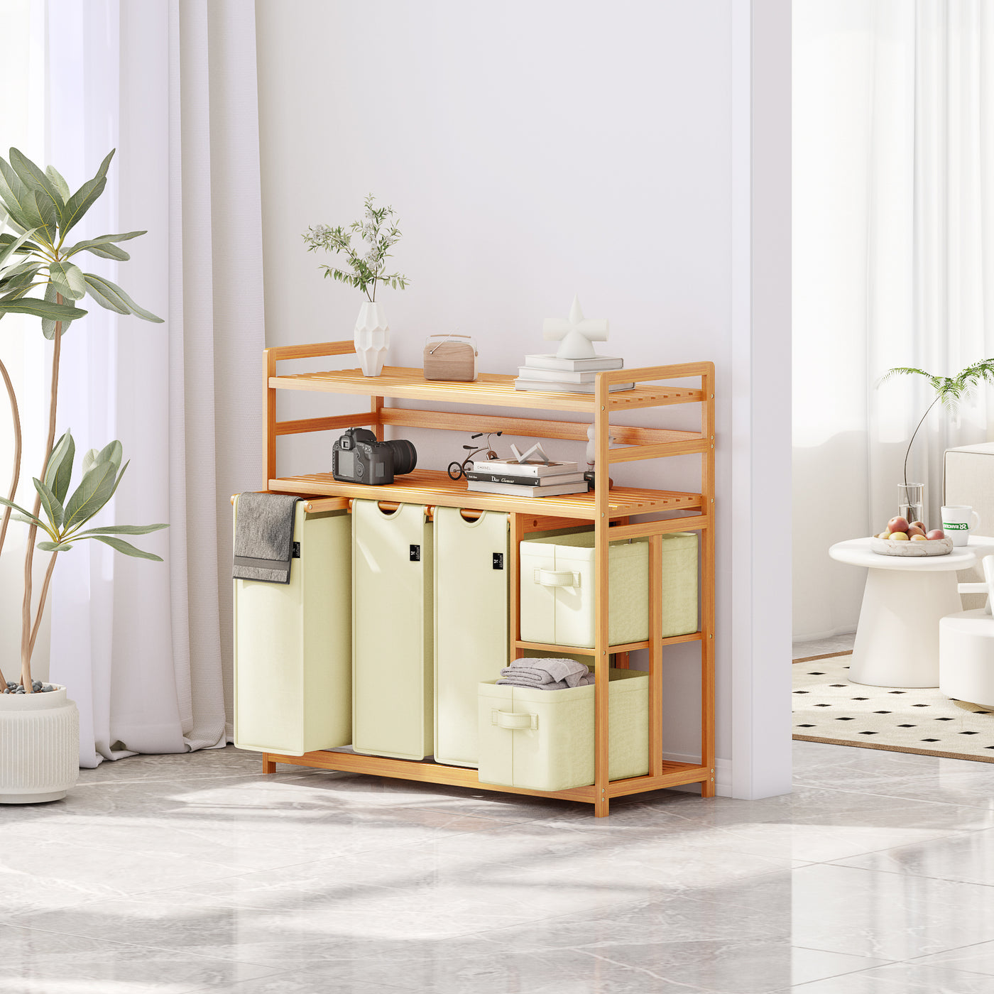 AdelDream Wäschekorb 5 Fächer 2 Regale Wäschesammler 190L Wäscheboxen Mit Korb Wäschesortierer mit 3 Wäschesäcken & 2 Stoffboxen Wäschesack Bambus Wäscheregal Wäschebox Laundry basket
