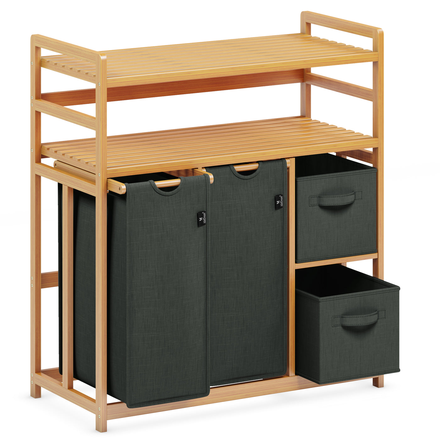 AdelDream Wäschekorb 4 Fächer 2 Regale Wäschesammler 140L Wäscheboxen Mit Korb Wäschesortierer mit 2 Wäschesäcken & 2 Stoffboxen Wäschesack Bambus Wäscheregal Wäschebox Laundry basket
