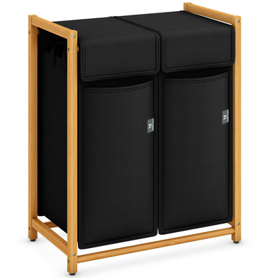 AdelDream Wäschekorb Kleidersortierer 2 Fächer Wäschewagen mit abnehmbaren Taschen Kleidersammler Bambus 100L