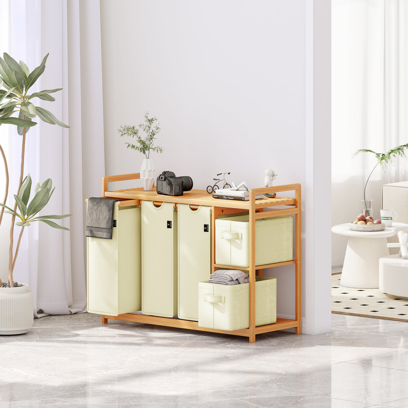 AdelDream Wäschekorb 5 Fächer Wäschesammler 190L Wäscheboxen Mit Korb Wäschesortierer mit 3 Wäschesäcken & 2 Stoffboxen mit Ablage Wäschesack Bambus Wäscheregal Wäschebox Laundry basket