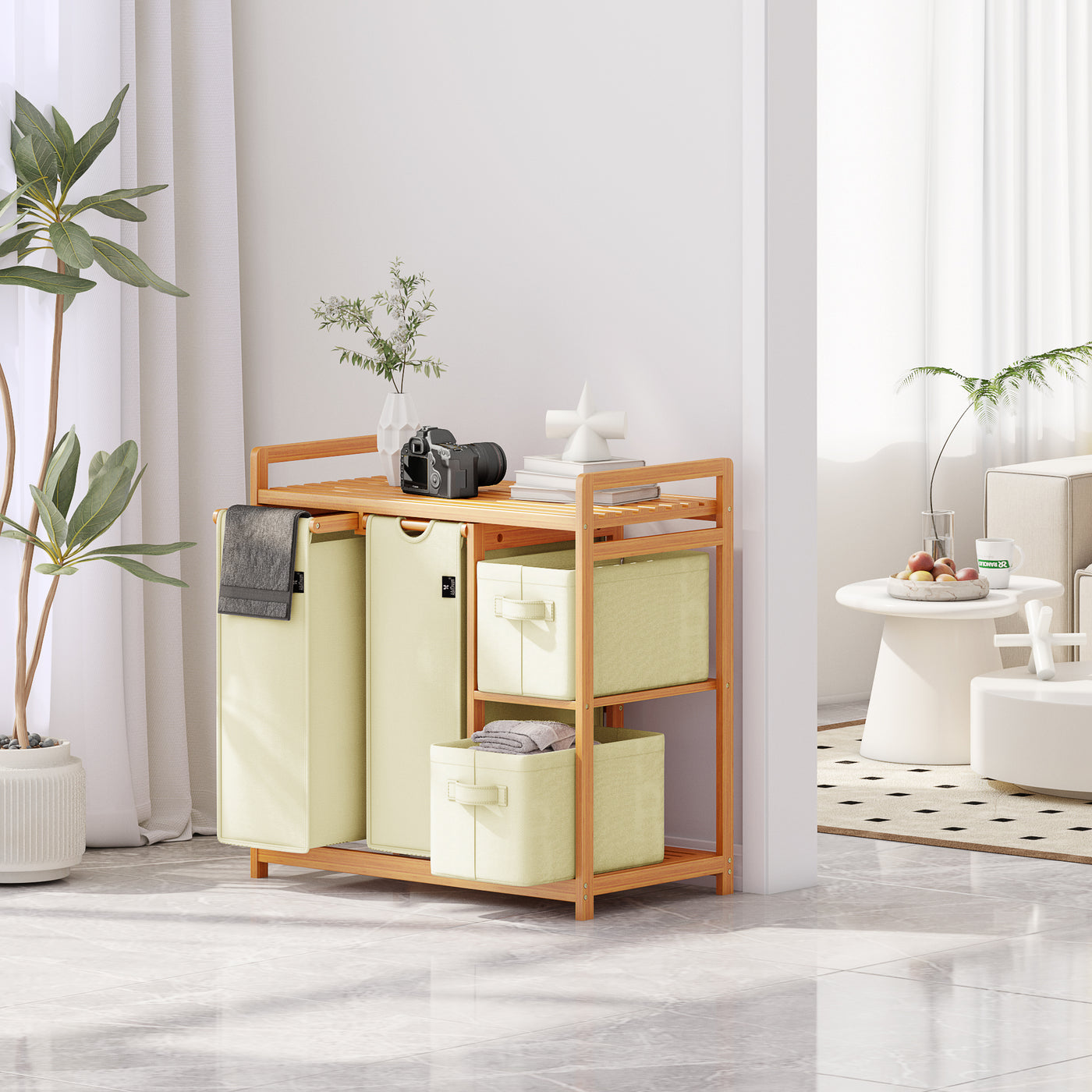 AdelDream Wäschekorb 4 Fächer Wäschesammler 140L Wäscheboxen Mit Korb Wäschesortierer mit 2 Wäschesäcken & 2 Stoffboxen mit Ablage Wäschesack Bambus Wäscheregal Wäschebox Laundry