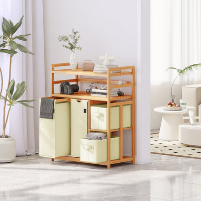 AdelDream Wäschekorb 4 Fächer 2 Regale Wäschesammler 140L Wäscheboxen Mit Korb Wäschesortierer mit 2 Wäschesäcken & 2 Stoffboxen Wäschesack Bambus Wäscheregal Wäschebox Laundry basket
