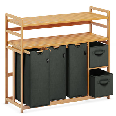 AdelDream Wäschekorb 5 Fächer 2 Regale Wäschesammler 190L Wäscheboxen Mit Korb Wäschesortierer mit 3 Wäschesäcken & 2 Stoffboxen Wäschesack Bambus Wäscheregal Wäschebox Laundry basket
