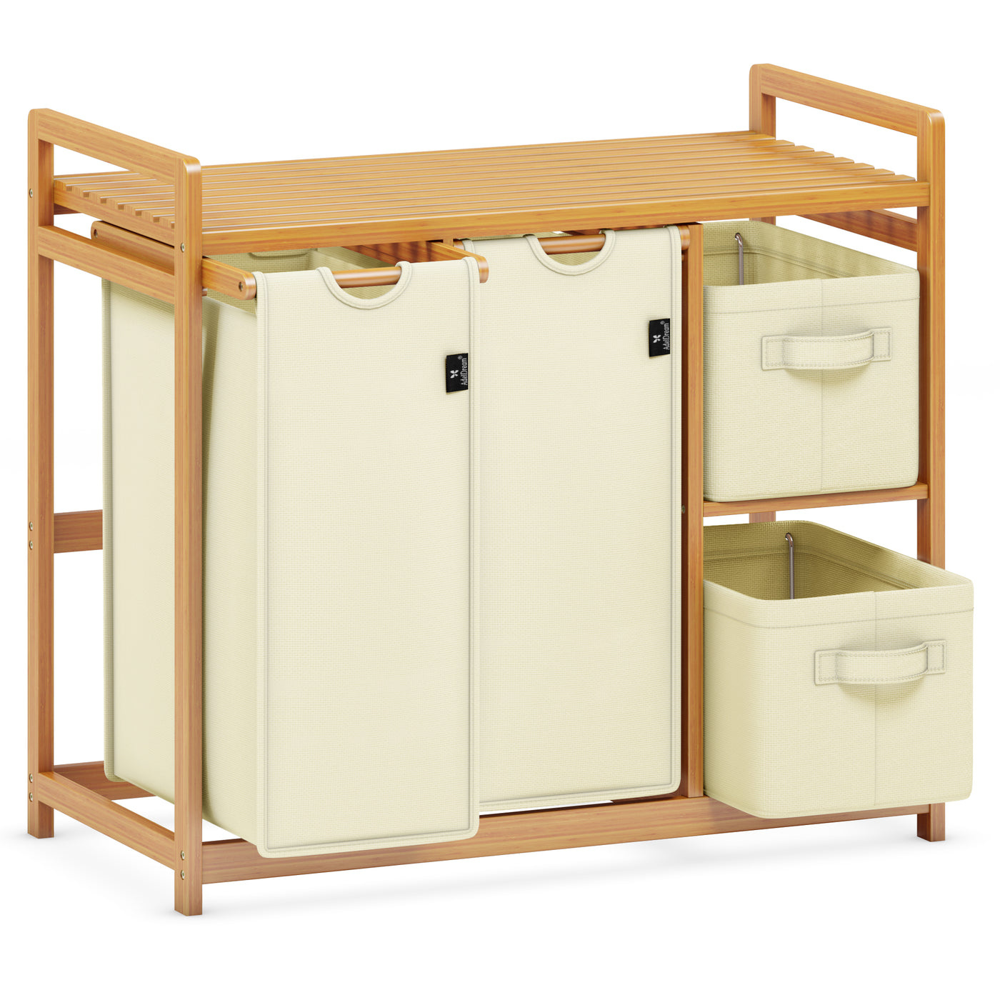 AdelDream Wäschekorb 4 Fächer Wäschesammler 140L Wäscheboxen Mit Korb Wäschesortierer mit 2 Wäschesäcken & 2 Stoffboxen mit Ablage Wäschesack Bambus Wäscheregal Wäschebox Laundry