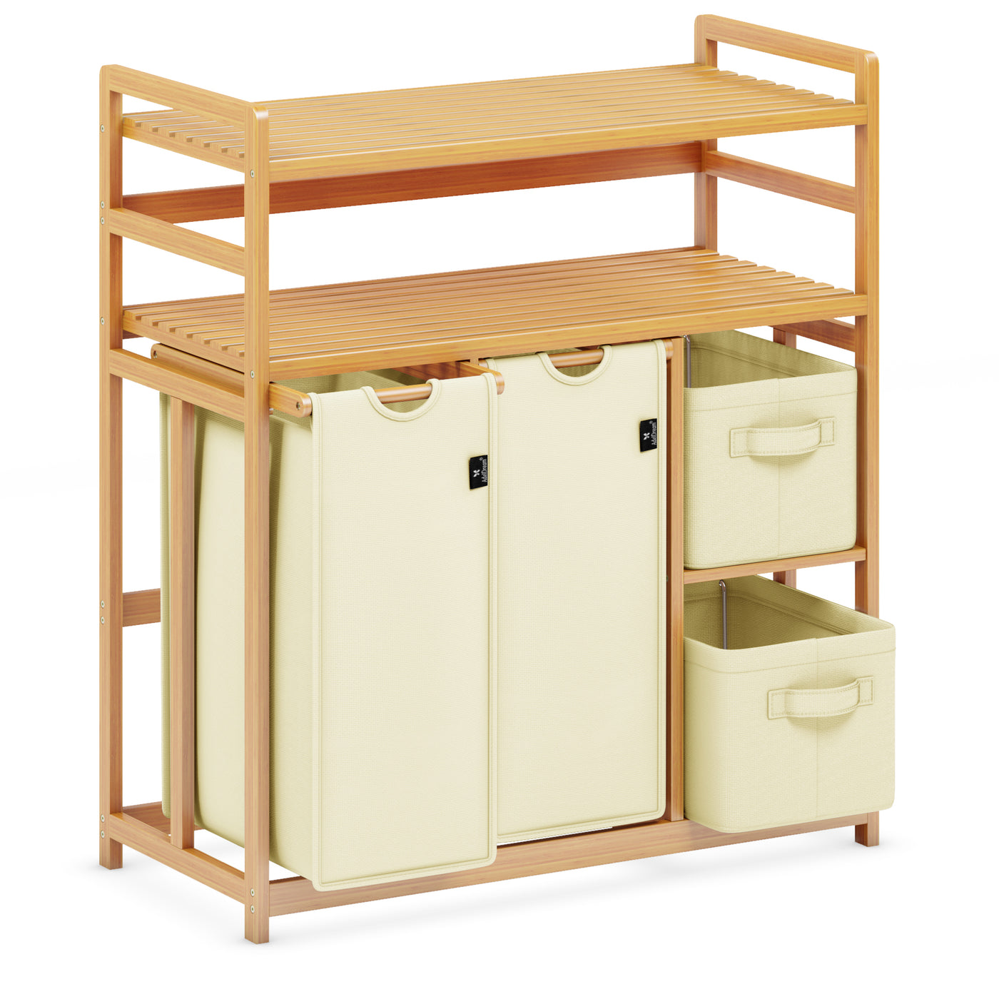 AdelDream Wäschekorb 4 Fächer 2 Regale Wäschesammler 140L Wäscheboxen Mit Korb Wäschesortierer mit 2 Wäschesäcken & 2 Stoffboxen Wäschesack Bambus Wäscheregal Wäschebox Laundry basket