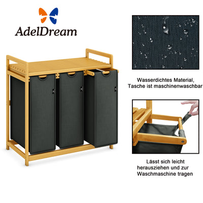 AdelDream Wäschekorb mit Bambusrahmen, 150 l, 3 Fächer, ausziehbarer und abnehmbarer Wäschesack, Wäschesammler