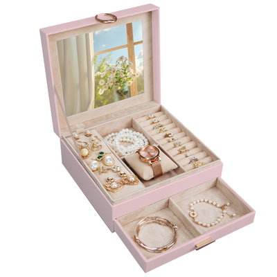 AdelDream 2-stöckig Schmuckkästchen Schmuckaufbewahrung mit ausziehbarem Tablett Schmuck Organizer mit großem Spiegel mit DIY-Struktur
