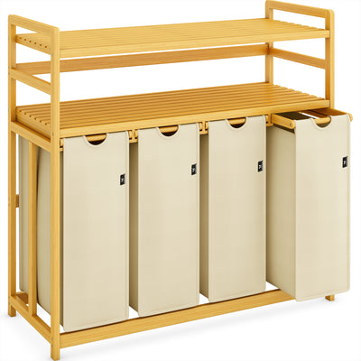 AdelDream Wäschekorb Wäschesortierer mit Regalen 4 Fächer 2 Ablagen Wäschebox Bambus 200L