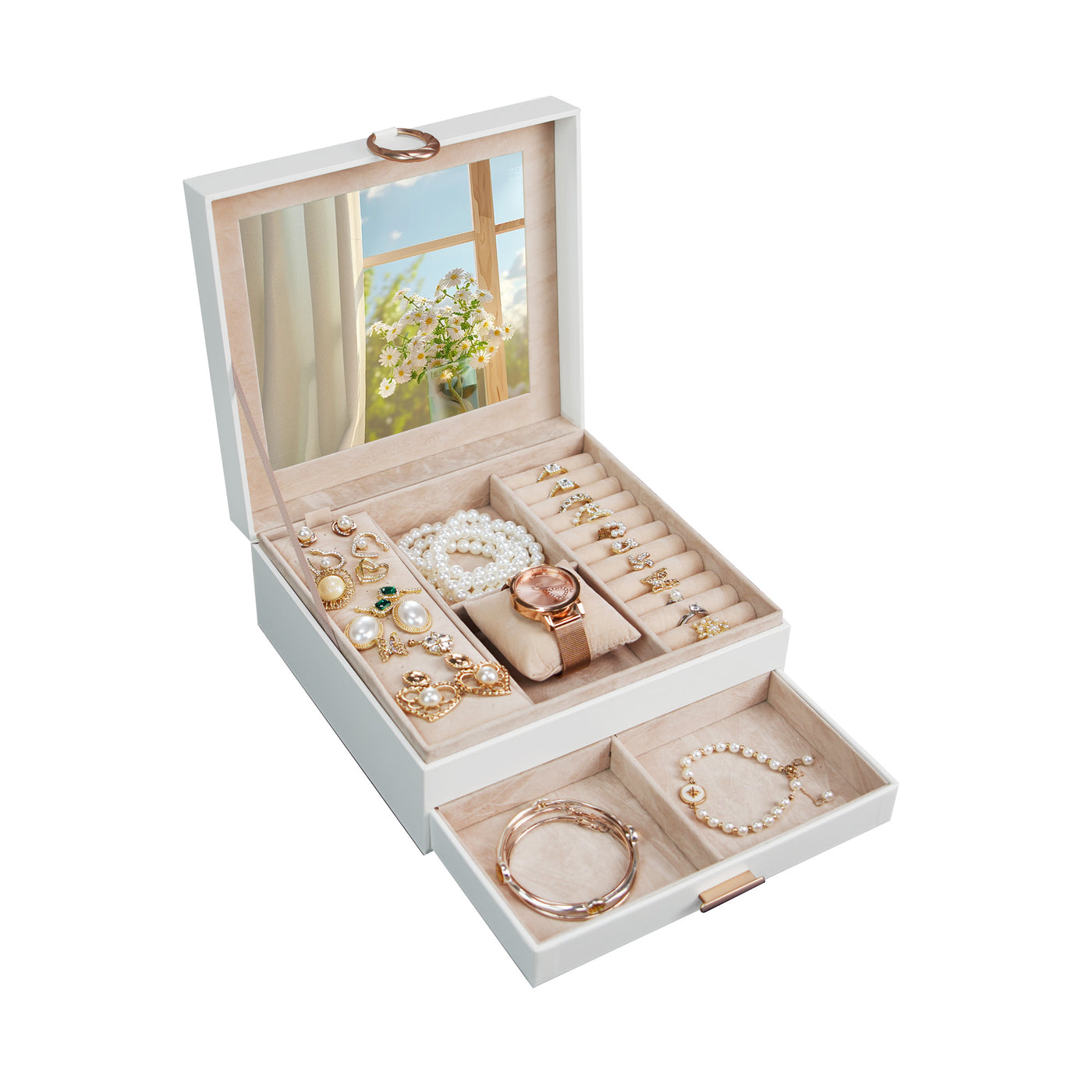 AdelDream 2-stöckig Schmuckkästchen Schmuckaufbewahrung mit ausziehbarem Tablett Schmuck Organizer mit großem Spiegel mit DIY-Struktur