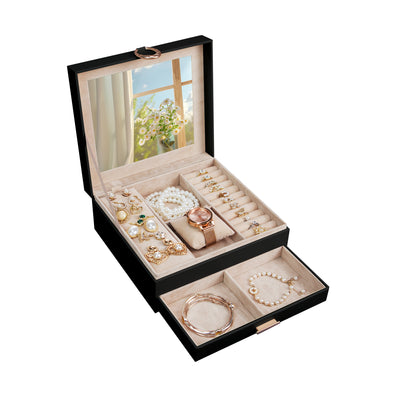 AdelDream 2-stöckig Schmuckkästchen Schmuckaufbewahrung mit ausziehbarem Tablett Schmuck Organizer mit großem Spiegel mit DIY-Struktur