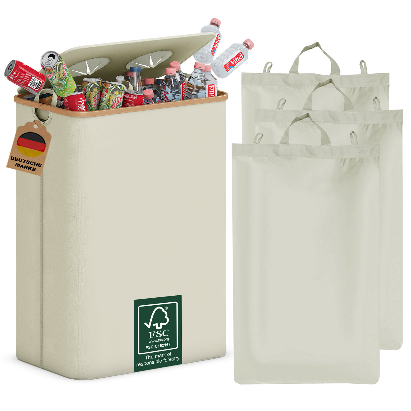 Adeldream 140L 2 Fächer Pfandflaschen Sammelbehälter Groß Pfandflaschen Aufbewahrung Behälter Leergut & Altglas Aufbewahrung Softgrip-Griffen Flaschensammler mit Loch Küche Abstellraum Beige
