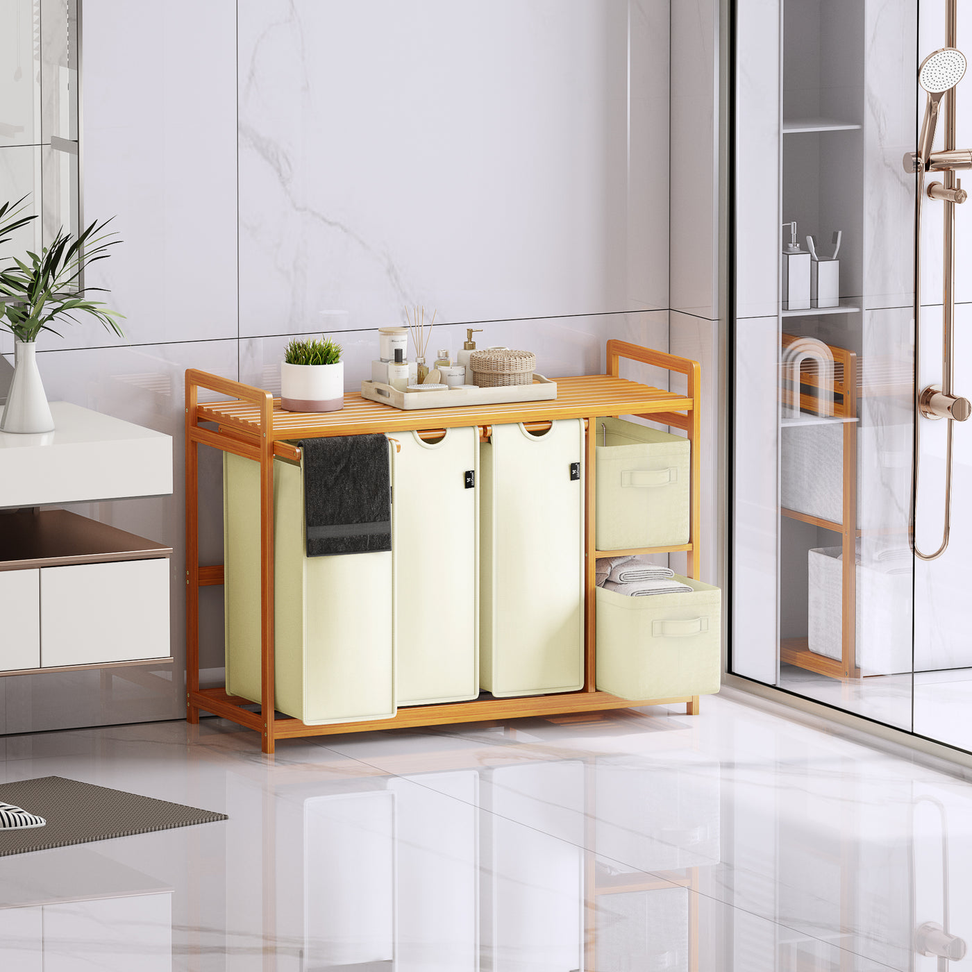 AdelDream Wäschekorb 5 Fächer Wäschesammler 190L Wäscheboxen Mit Korb Wäschesortierer mit 3 Wäschesäcken & 2 Stoffboxen mit Ablage Wäschesack Bambus Wäscheregal Wäschebox Laundry basket