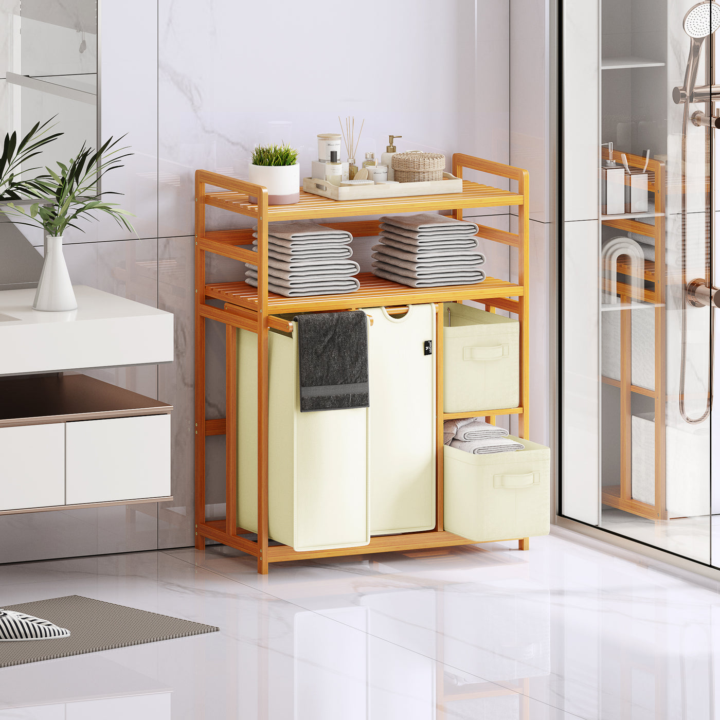AdelDream Wäschekorb 4 Fächer 2 Regale Wäschesammler 140L Wäscheboxen Mit Korb Wäschesortierer mit 2 Wäschesäcken & 2 Stoffboxen Wäschesack Bambus Wäscheregal Wäschebox Laundry basket