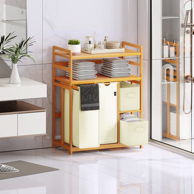 AdelDream Wäschekorb 4 Fächer 2 Regale Wäschesammler 140L Wäscheboxen Mit Korb Wäschesortierer mit 2 Wäschesäcken & 2 Stoffboxen Wäschesack Bambus Wäscheregal Wäschebox Laundry basket