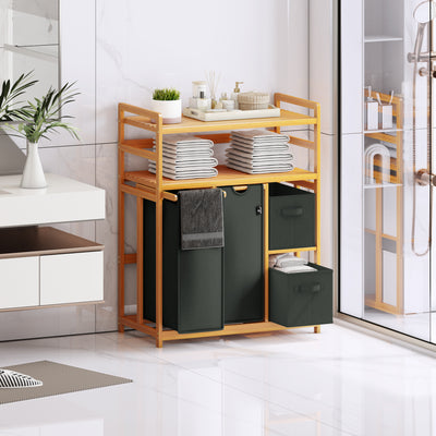 AdelDream Wäschekorb 4 Fächer 2 Regale Wäschesammler 140L Wäscheboxen Mit Korb Wäschesortierer mit 2 Wäschesäcken & 2 Stoffboxen Wäschesack Bambus Wäscheregal Wäschebox Laundry basket