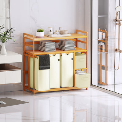 AdelDream Wäschekorb 5 Fächer 2 Regale Wäschesammler 190L Wäscheboxen Mit Korb Wäschesortierer mit 3 Wäschesäcken & 2 Stoffboxen Wäschesack Bambus Wäscheregal Wäschebox Laundry basket