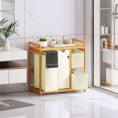 AdelDream Wäschekorb 4 Fächer Wäschesammler 140L Wäscheboxen Mit Korb Wäschesortierer mit 2 Wäschesäcken & 2 Stoffboxen mit Ablage Wäschesack Bambus Wäscheregal Wäschebox Laundry