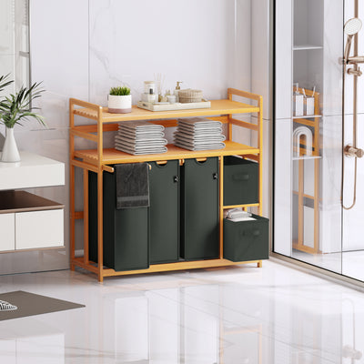 AdelDream Wäschekorb 5 Fächer 2 Regale Wäschesammler 190L Wäscheboxen Mit Korb Wäschesortierer mit 3 Wäschesäcken & 2 Stoffboxen Wäschesack Bambus Wäscheregal Wäschebox Laundry basket
