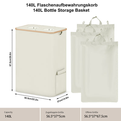 Adeldream 140L 2 Fächer Pfandflaschen Sammelbehälter Groß Pfandflaschen Aufbewahrung Behälter Leergut & Altglas Aufbewahrung Softgrip-Griffen Flaschensammler mit Loch Küche Abstellraum Beige