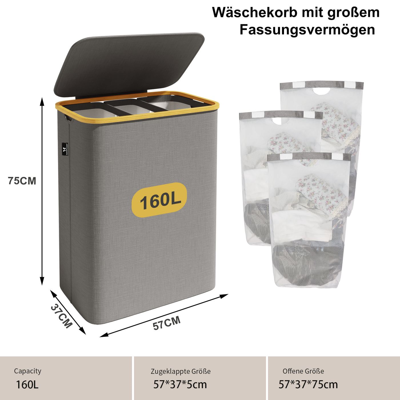 AdelDream 160L Wäschekorb mit 3 Fächern und Deckel