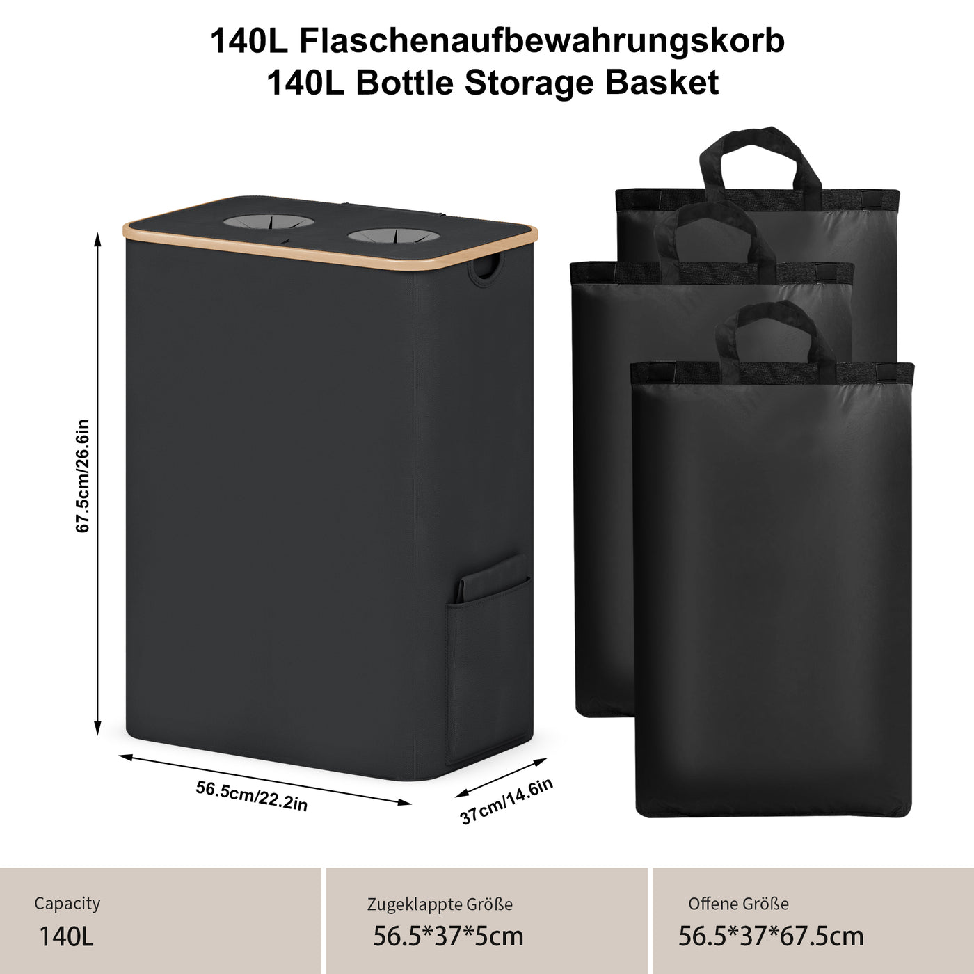 Adeldream 140L 2 Fächer Pfandflaschen Sammelbehälter Groß Pfandflaschen Aufbewahrung Behälter Leergut & Altglas Aufbewahrung Softgrip-Griffen Flaschensammler mit Loch Küche Abstellraum Schwarz