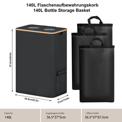 Adeldream 140L 2 Fächer Pfandflaschen Sammelbehälter Groß Pfandflaschen Aufbewahrung Behälter Leergut & Altglas Aufbewahrung Softgrip-Griffen Flaschensammler mit Loch Küche Abstellraum Schwarz