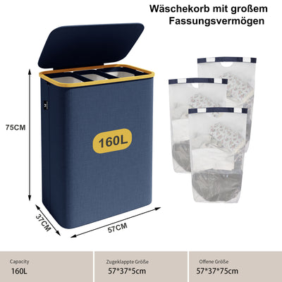 AdelDream 160L Wäschekorb mit 3 Fächern und Deckel
