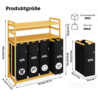 AdelDream Wäschekorb Wäschesortierer mit Regalen 4 Fächer 2 Ablagen Wäschebox Bambus 200L