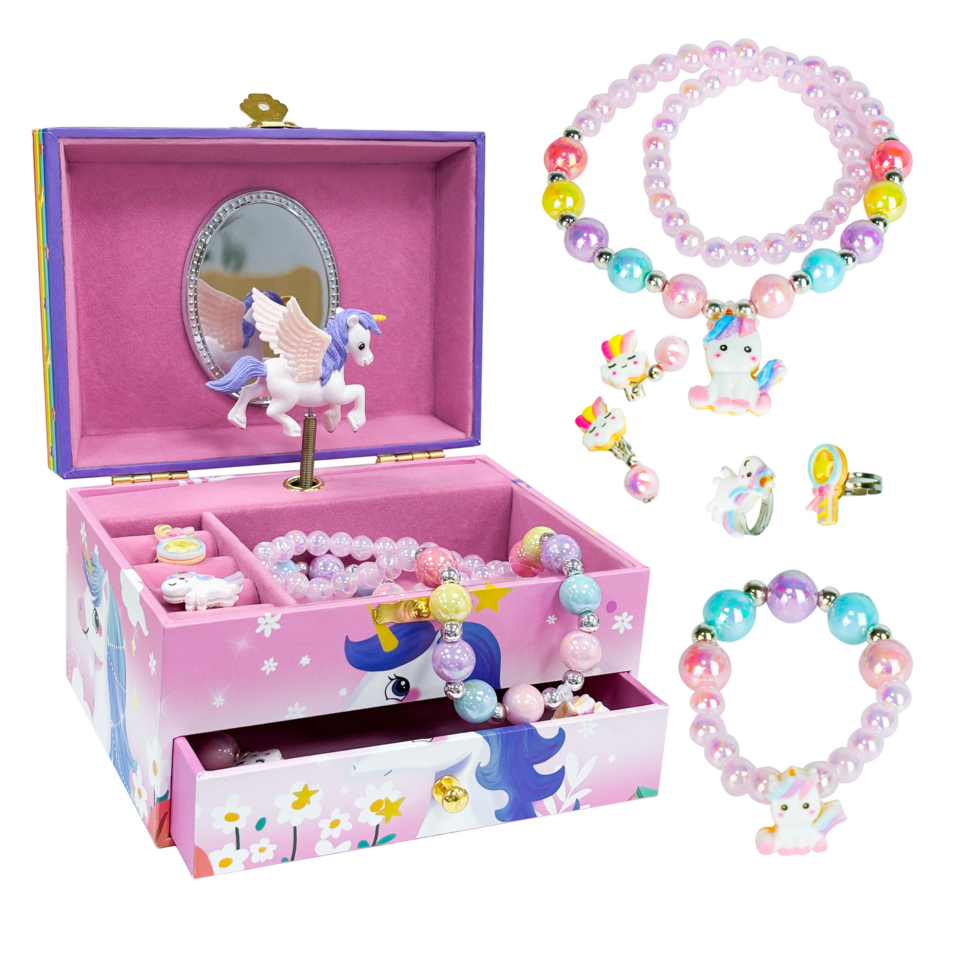 AdelDream Musik-Aufbewahrungsbox mit Einhorn  Engelsflügeln, Halskette, Armband, Ring und Ohrringen, Musik-Schmuckkästchen, Geschenk für Kinder