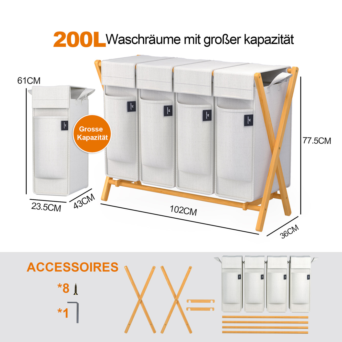 AdelDream Wäschekorb 4 Fächer,200 L Bambus laundry baskets X-förmige Bambusregale