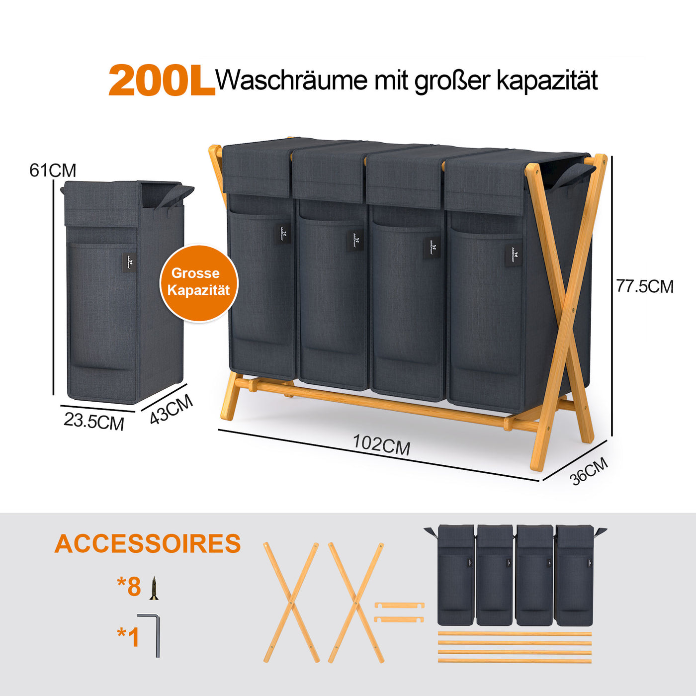 AdelDream Wäschekorb 4 Fächer,200 L Bambus laundry baskets X-förmige Bambusregale