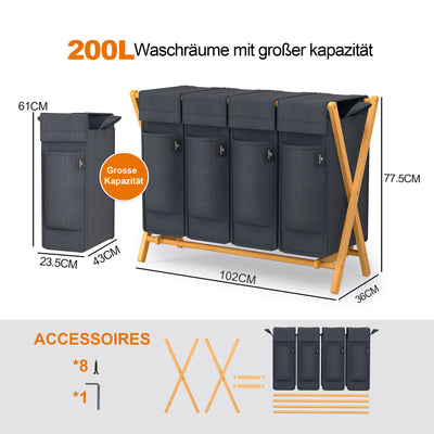AdelDream Wäschekorb 4 Fächer,200 L Bambus laundry baskets X-förmige Bambusregale