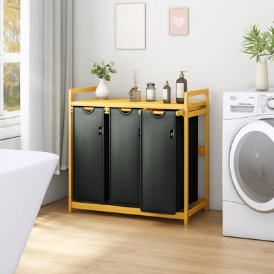 AdelDream Wäschekorb mit Bambusrahmen, 150 l, 3 Fächer, ausziehbarer und abnehmbarer Wäschesack, Wäschesammler