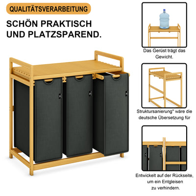 AdelDream Wäschekorb mit Bambusrahmen, 150 l, 3 Fächer, ausziehbarer und abnehmbarer Wäschesack, Wäschesammler