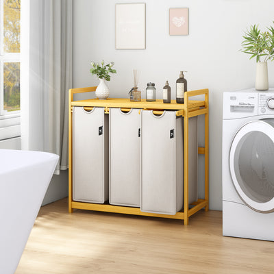 AdelDream Wäschekorb mit Bambusrahmen, 150 l, 3 Fächer, ausziehbarer und abnehmbarer Wäschesack, Wäschesammler