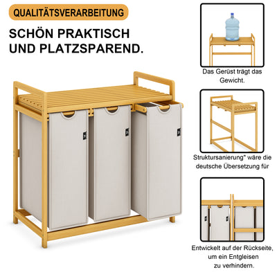 AdelDream Wäschekorb mit Bambusrahmen, 150 l, 3 Fächer, ausziehbarer und abnehmbarer Wäschesack, Wäschesammler