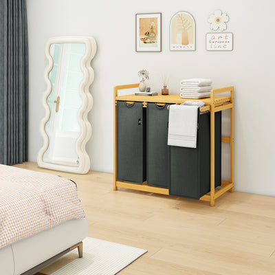 AdelDream Wäschekorb mit Bambusrahmen, 150 l, 3 Fächer, ausziehbarer und abnehmbarer Wäschesack, Wäschesammler