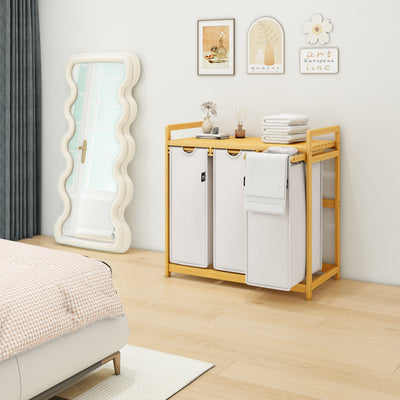 AdelDream Wäschekorb mit Bambusrahmen, 150 l, 3 Fächer, ausziehbarer und abnehmbarer Wäschesack, Wäschesammler